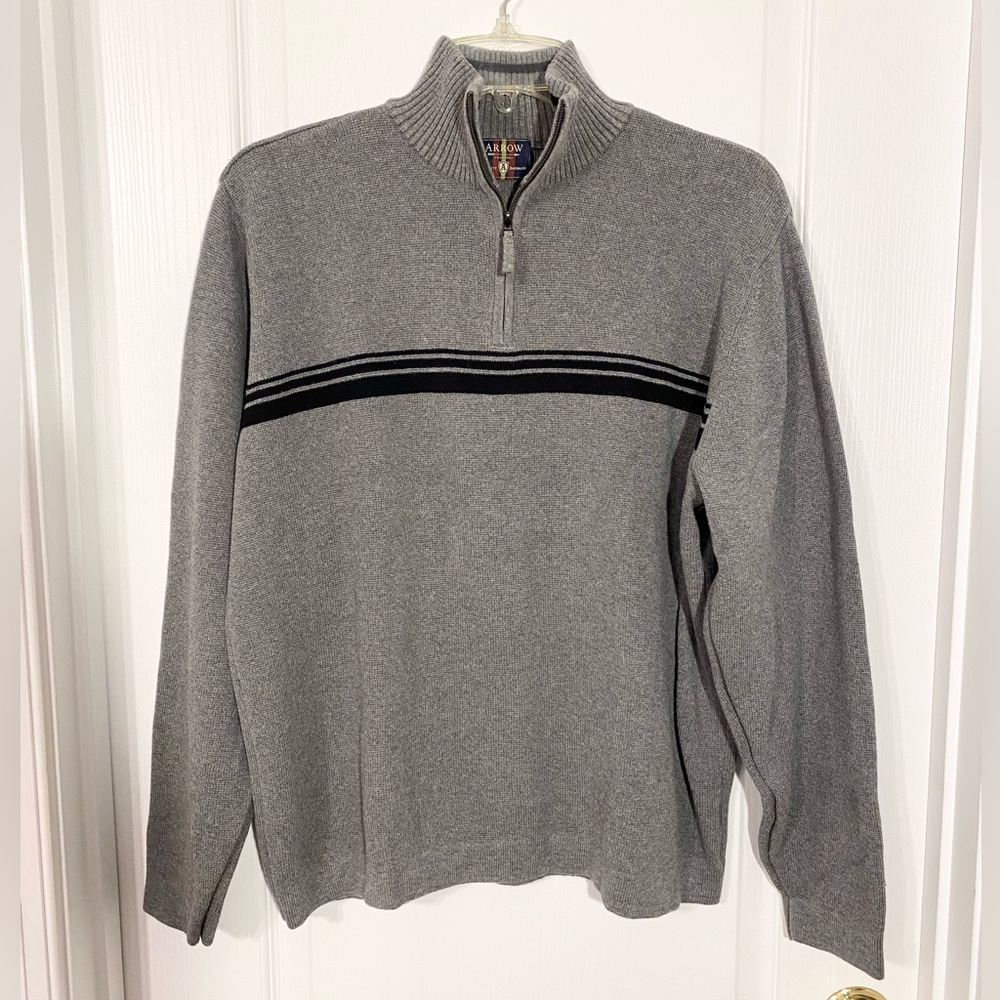 Y2K Arrow 1/4 Zip Cotton Sweater Gray w/ Black Stripes Vintage Men’s Medium